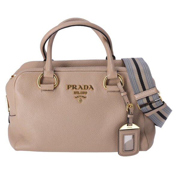 PRADA Vitello Phenix Bauletto Handbag 1BB086 Taupe Pebbled Leather - Picture 1 of 10